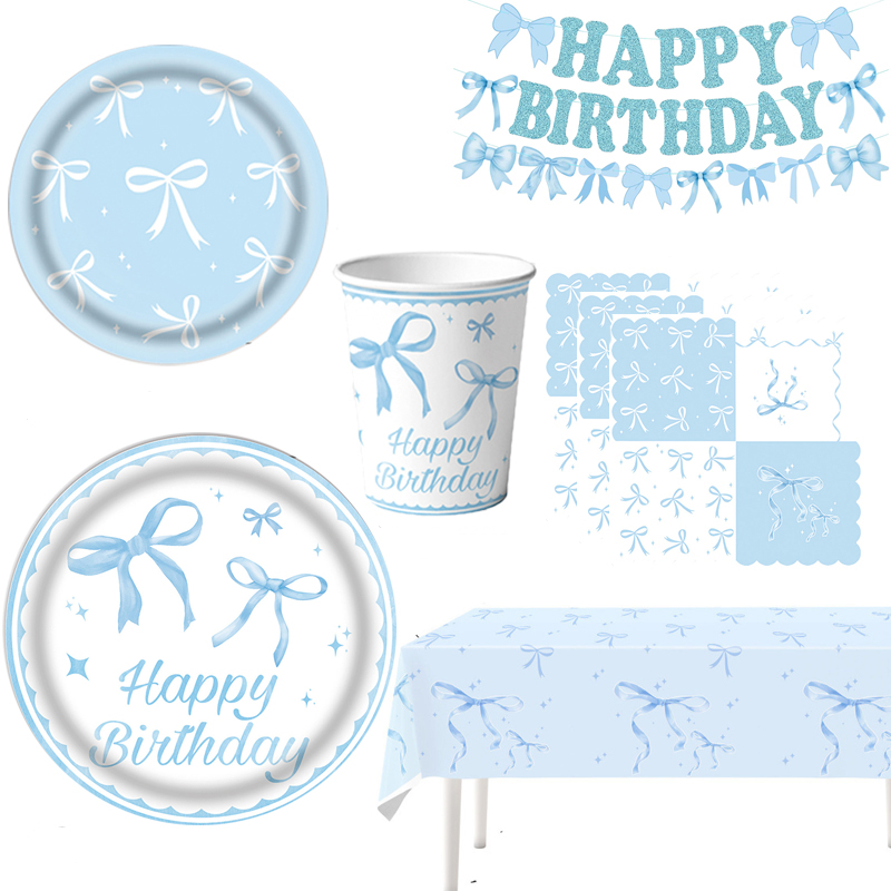 Light Blue Bow Birthday Party  - Table Cloth Disposable 评论和价格